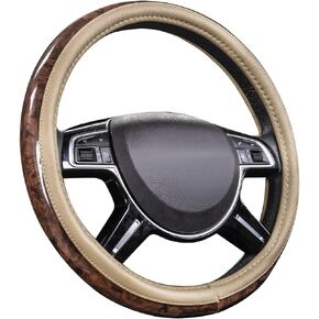 CAR PASS Wood Grain Microfiber Leather Steering Wheel Cover, Universal Fit for 14 1/2-15 inch Beige Steering Wheel, Anti-Slip Veins Design,Trucks, Suvs,Vans, Sedans (Beige)