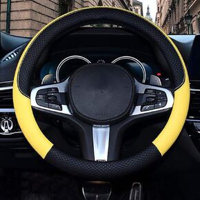 SHIAWASENA Car Steering Wheel Cover, Leather, Universal 15 Inch Fit, Anti-Slip & Odor-Free (Black&Beige)