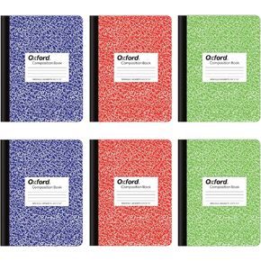 Oxford Composition Notebook 6 Pack, Wide Ruled Paper, 9-3/4 x 7-1/2 Inches, 100 Sheets, Assorted Marble Covers, 2 Each: Blue, Green, Red (63762)