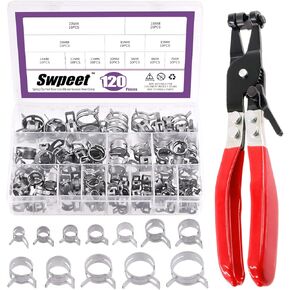 Swpeet 121Pcs 7-22mm Dacromet Spring Band Hose Clamps with Swivel Flat Band Fuel Hose Clamp Plier Assortment Kit, Silicone Vacuum Hose Action Pipe Clamp Low Pressure Air Clip Clamp for Hose Clamps
