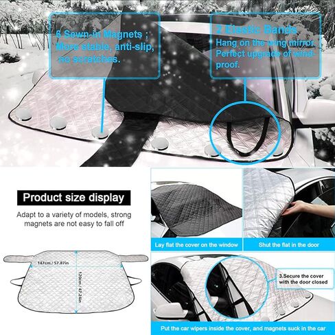 غطاء ثلجي للزجاج الأمامي للسيارة، غطاء زجاج أمامي شتوي للصقيع الجليدي مع حافة مغناطيسية، لمعظم السيارات وسيارات الدفع الرباعي، فضي in Kuwait