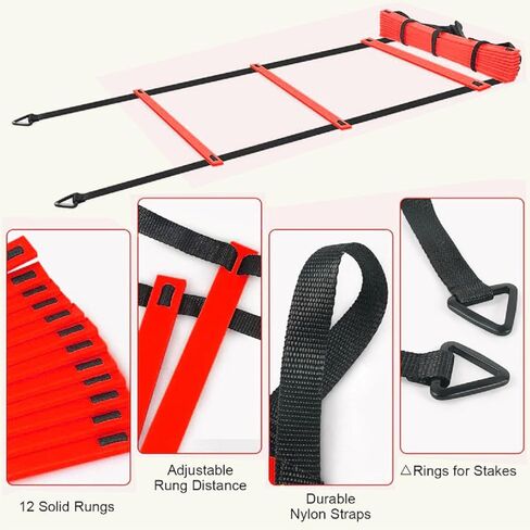 مجموعة تدريب سلم الرشاقة لألعاب كرة القدم، تدريب السرعة، مظلة المقاومة للقدرة على التحمل، تمرين القوة، 12 قرص مخروطي، 4 أوتاد فولاذية، 5 قطع من أشرطة المقاومة، 1 حبل قفز، (أحمر) in Kuwait