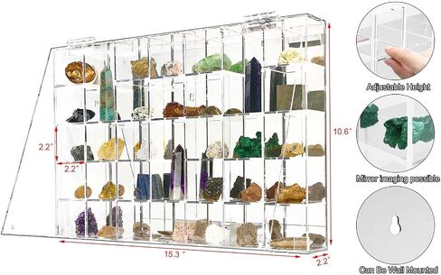 Acrylic Display Case Adjustable Clear Rock Display Case Shadow Box with Shelves Storage Organizer for Mini Pop Figure, Collectibles, Mineral Crystal, Stones, Wall Mountable, with Mirrored & Lid in Saudi Arabia