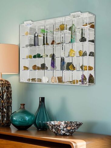 Acrylic Display Case Adjustable Clear Rock Display Case Shadow Box with Shelves Storage Organizer for Mini Pop Figure, Collectibles, Mineral Crystal, Stones, Wall Mountable, with Mirrored & Lid in Saudi Arabia
