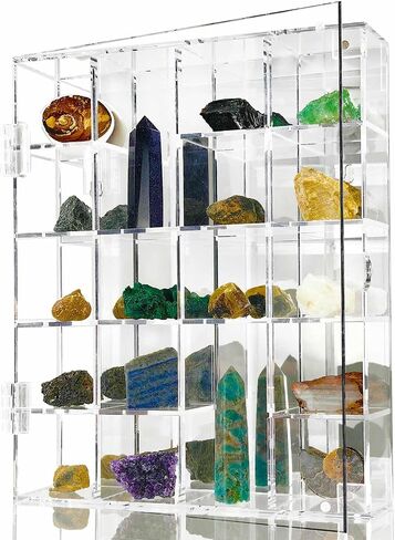 Acrylic Display Case Adjustable Clear Rock Display Case Shadow Box with Shelves Storage Organizer for Mini Pop Figure, Collectibles, Mineral Crystal, Stones, Wall Mountable, with Mirrored & Lid in Saudi Arabia