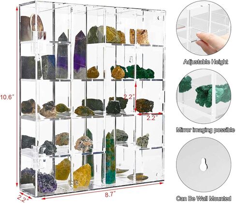 Acrylic Display Case Adjustable Clear Rock Display Case Shadow Box with Shelves Storage Organizer for Mini Pop Figure, Collectibles, Mineral Crystal, Stones, Wall Mountable, with Mirrored & Lid in Saudi Arabia