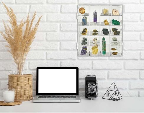 Acrylic Display Case Adjustable Clear Rock Display Case Shadow Box with Shelves Storage Organizer for Mini Pop Figure, Collectibles, Mineral Crystal, Stones, Wall Mountable, with Mirrored & Lid in Saudi Arabia