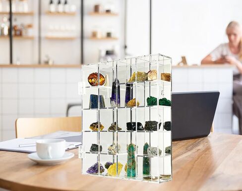 Acrylic Display Case Adjustable Clear Rock Display Case Shadow Box with Shelves Storage Organizer for Mini Pop Figure, Collectibles, Mineral Crystal, Stones, Wall Mountable, with Mirrored & Lid in Saudi Arabia