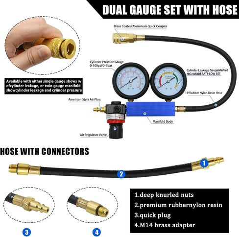 Cylinder Leak Down Tester Kit,Gasoline Engine Compression Tester,Dual Pressure Gauges Engine Compression Leakdown Detector for Gasoline Engine with 10 12 14mm Spark Plugs (Aluminum) in Saudi Arabia