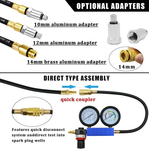 Cylinder Leak Down Tester Kit,Gasoline Engine Compression Tester,Dual Pressure Gauges Engine Compression Leakdown Detector for Gasoline Engine with 10 12 14mm Spark Plugs (Aluminum) in Saudi Arabia