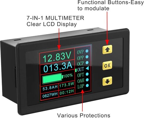 DROK Charge-Discharge Monitor, 0-90V 100A DC Ammeter Voltmeter, Battery Capacity Amp-Hour Watt-Hour Power Time Multimeter, LCD Display Digital Voltage Current AH WH Watt Meter Tester with Hall Se in Saudi Arabia
