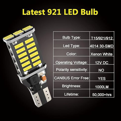 Upgrade T15 LED Bulb Extremely Bright 921 LED Bulb,1200 Lumen NO-polarity 921 912 T15 W16W LED Bulb 30-SMD 4014 Chips CANBUS Error Free for Backup Reverse Lights, 6000K Xenon White (Pack of 4) in Saudi Arabia