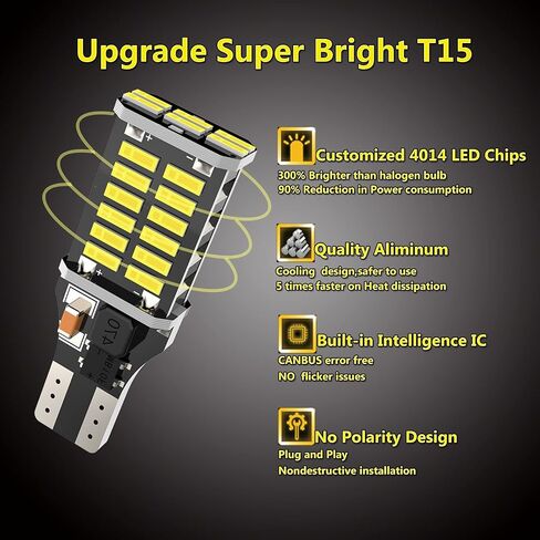 Upgrade T15 LED Bulb Extremely Bright 921 LED Bulb,1200 Lumen NO-polarity 921 912 T15 W16W LED Bulb 30-SMD 4014 Chips CANBUS Error Free for Backup Reverse Lights, 6000K Xenon White (Pack of 4) in Saudi Arabia