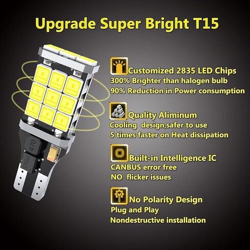 ترقية لمبة LED T15 ساطعة للغاية 921 لمبة LED، 1200 لومن بدون قطبية 921 912 T15 W16W LED لمبة 30-SMD 4014 رقاقة CANBUS خالية من الأخطاء للمصابيح العكسية الاحتياطية، 6000K زينون أبيض (حزمة من 4) in Kuwait