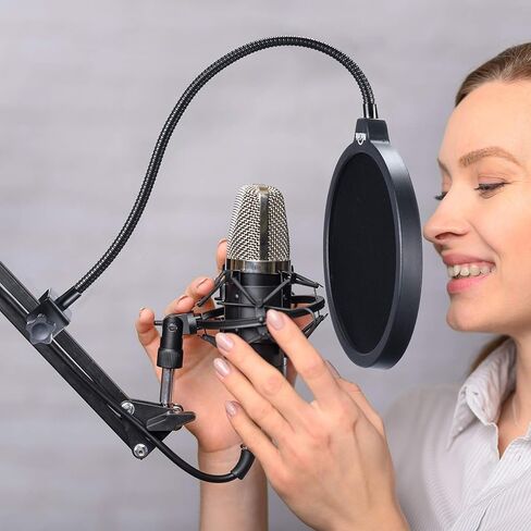 NuLink Microphone Pop Filter Professional Studio Dual Layered Pop Wind Screen with Flexible 360°Adjustable Gooseneck Clip Stabilizing Arm Compatible for Blue Yeti Pro Condenser Mic in Kuwait