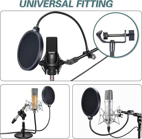 NuLink Microphone Pop Filter Professional Studio Dual Layered Pop Wind Screen with Flexible 360°Adjustable Gooseneck Clip Stabilizing Arm Compatible for Blue Yeti Pro Condenser Mic in Kuwait