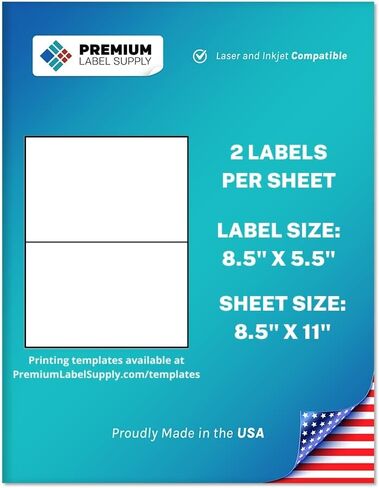 ملصقات نصف ورقة من Premium Label Supply - 8.5 بوصة × 5.5 بوصة - متوافقة مع الليزر/النافثة للحبر - (ملصقان/ورقة)، 25 ورقة - 50 ملصقًا لاصقًا إجماليًا in Kuwait