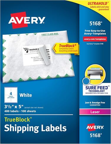 ملصقات شحن قابلة للطباعة من Avery مع تغذية مؤكدة، 3-1/2 بوصة × 5 بوصة، أبيض، 400 ملصق بريدي فارغ (5168) in Kuwait