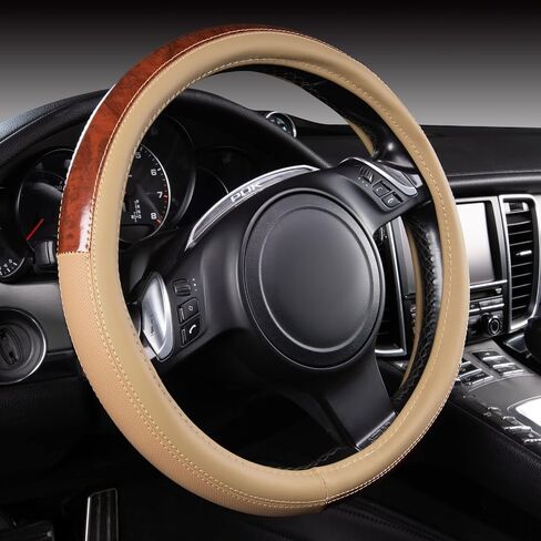 CAR PASS Wood Grain Microfiber Leather Steering Wheel Cover, Universal Fit for 14 1/2-15 inch Beige Steering Wheel, Anti-Slip Veins Design,Trucks, Suvs,Vans, Sedans (Beige) in Saudi Arabia