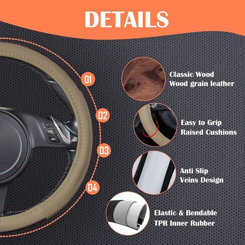 CAR PASS Wood Grain Microfiber Leather Steering Wheel Cover, Universal Fit for 14 1/2-15 inch Beige Steering Wheel, Anti-Slip Veins Design,Trucks, Suvs,Vans, Sedans (Beige) in Saudi Arabia