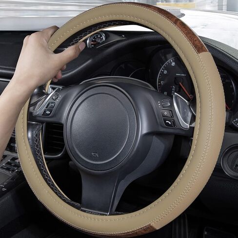 CAR PASS Wood Grain Microfiber Leather Steering Wheel Cover, Universal Fit for 14 1/2-15 inch Beige Steering Wheel, Anti-Slip Veins Design,Trucks, Suvs,Vans, Sedans (Beige) in Saudi Arabia
