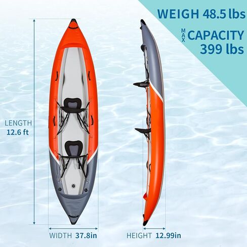 Inflatable Kayak, 2 Adults Sports Kayak, with Paddles, Adjustable Seat, Double-Ended Paddle, Portable Air Pump, Portable Storage Backpack, Suitable for Fishing in Lakes and Rivers, Red/Grey in Kuwait