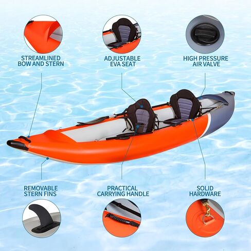 Inflatable Kayak, 2 Adults Sports Kayak, with Paddles, Adjustable Seat, Double-Ended Paddle, Portable Air Pump, Portable Storage Backpack, Suitable for Fishing in Lakes and Rivers, Red/Grey in Kuwait
