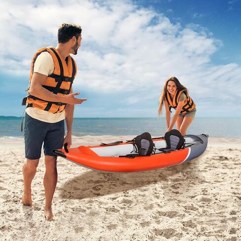 Inflatable Kayak, 2 Adults Sports Kayak, with Paddles, Adjustable Seat, Double-Ended Paddle, Portable Air Pump, Portable Storage Backpack, Suitable for Fishing in Lakes and Rivers, Red/Grey in Kuwait