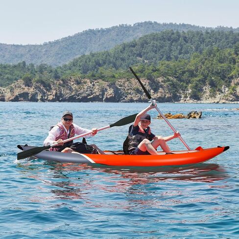 Inflatable Kayak, 2 Adults Sports Kayak, with Paddles, Adjustable Seat, Double-Ended Paddle, Portable Air Pump, Portable Storage Backpack, Suitable for Fishing in Lakes and Rivers, Red/Grey in Kuwait
