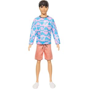 Barbie Fashionistas Ken Doll #219 with Slender Body Wearing a Removable Long-Sleeve Pink & Blue Patterned Shirt & Pink Shorts