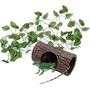 Reptile Tank Accessories, Leopard Gecko Tank Accessories, Terrarium Decorations for Arboreal Reptiles, Hermit Crabs, Leopard Gecko, Lizard Terrarium, (Barrel x 1pcs, Reptile Plants x 2Meter)