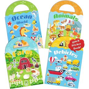 Reusable Sticker Book for Toddlers 2-4 Years, 4 Set Puffy Sticker Books for Kids,120 Pcs Crafts Stickers for Kids, Activity Books for Toddlers 1-3,2-4, Farm+Animal+Ocean World+Vehicle