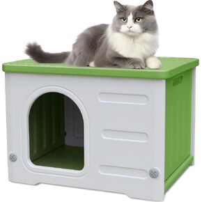 Plastic Cat House Outdoor & Indoor, Feral Cat Houses Waterproof Outdoor Cat House for Feral Cats, Outside Cat Shelter for Small Pet, Assemble and Clean Easily-Grey