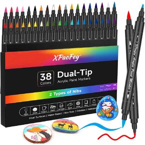 38 Colors Acrylic Paint Pens, Dual Tip Acrylic Paint Markers with Fine Tip and Brush Tip, Acrylic Paint Pens for Rock Painting, Ceramic, Glass, Plastic, Wood, Calligraphy, Canvas, DIY Crafts