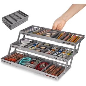 3 Tier Drawer Organizer - Expandable Junk Drawer Organizer Smart Office Supply Organizer, Folding Kitchen Drawer Storage Multi Level Desk Organizer for Makeup, Jewelry, Cosmetics Storage(2 Row 3 Tier)