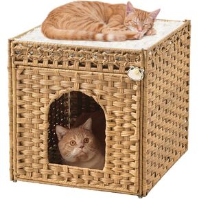 Cat Beds for Indoor Cats Cat Bed Cave, Cat Cave Double Cat Bed, Handwoven Rattan Cat Houses, Large Cat Bed, Cave Cat Bed Covered with Double-Sided Soft Cushions, Foldable Cat Hideaway Natural