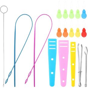 Qianyu 18 Pcs Sewing Drawstring Threader Tool Set Flexible Drawstring Threader Flat Plastic Threader Stainless Steel Sewing Loop Turner Hook Metal Tweezers for Jackets Coats Pants Hoodies Sweaters