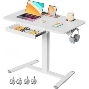 Mobile Small Stading Desk with Drawer, 23.6"x19.7" Rolling Laptop Cart on Wheels, Height Adjustable Sit Stand Computer Workstation with Storage for Compact Space, White