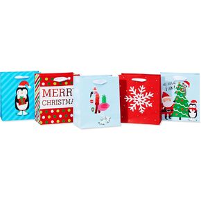 American Greetings 10" Medium Christmas Gift Bags, Red, White, Green and Black Winter Designs (4 Bags)