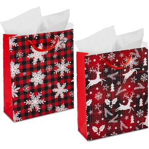 RACHELLE'S Plaid Christmas Gift Bags (Medium, 13"x10"x4") - 2 Pack Sturdy Paper Gift Bags with Tissue Paper, Tag and Handle - Ideal Party Favors and Gifting this Christmas Holiday Season