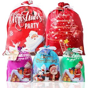 Christmas Bags with Drawstring - 30PCS Christmas Gift Bags Assorted Sizes - 5 Designs 4 Size Christmas Bags Bulk - Christmas Wrapping Bags with Tags - Plastic Xmas Gift Bags Small Medium Large