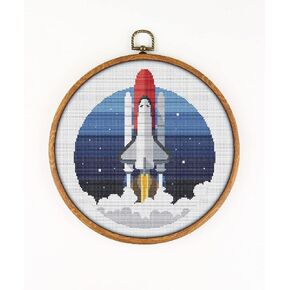 Space Rocket K509 Counted Cross Stitch KIT. Threads, Needles, Fabric, Threader, Clippers and 4 Printed Color Patterns. Embroidery Pattern Kit