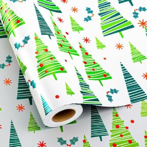 Yarcony Christmas Wrapping Paper Roll - 17Inch x 33Feet - Modern Green Christmas Tree Wrapping Paper with Minimalist Design, Metalic Foil Gift Wrap Paper for Chiristmas, Party, Birthday, Holiday