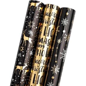 LDGOOAEL Mini Short Christmas Wrapping Paper Roll with Cut Lines on Reverse (17" X 120" Per Roll) - Black Gift Wrap with Gold Deer&Snowflake Design for Holiday