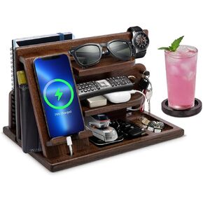 Gifts for Men Wood Phone Docking Station Mens Gifts for Christmas Birthday Gifts for Men or Dad Desk Workspace Organizer Nightstand Organizer Key for Wallet & Watch Holder Xmas Presents for Husband