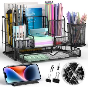 Nicpro Desk Organzier and Accessories, Black Mesh Desktop Organizer with Drawers, Pen Holder, Phone Holder, 72 PCS Paper Clips, Desk Caddy and Office Supply Organizer Set for Teacher Office Home