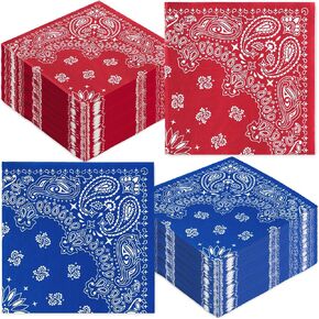 100Pcs Western Cowboy Paper Napkins Disposable Double-Sided Paisley Print Luncheon Napkins Red Blue Bandana Dinner Napkin for Home Party Table Decor