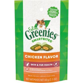 FELINE GREENIES SMARTBITES Skin & Fur Health Crunchy and Soft Textured Adult Natural Cat Treats, Chicken Flavor, 16 oz. Tub