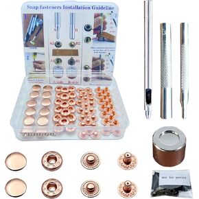 15MM Leather snap Fasteners kit， Brass Metal Button Snaps for Clothes、Jackets、Jeans 、Wears Bags (with Standard Install Tool、Practice Operations Webbing (15mm Rose Gold, 26)