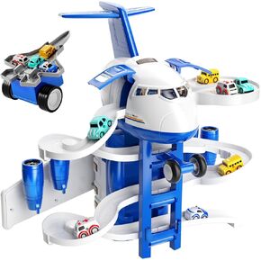 TEMI Kids Airplane Toys Race Tracks Car Toys for 3 4 5 6 7 Boys - Transport Airplane Adventures Car Toys for Toddler Age 2-6 with 8 City Cars, Garage Parking Lot Playmat, Birthday Gifts for Girls
